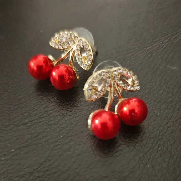 Elegant Red Cherry Faux Pearl and Rhinestone Earrings New Without Tags - Picture 5 of 6
